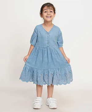 Creative Kids Half Sleeves Schiffli Embroidered Tiered Denim Dress - Light Blue