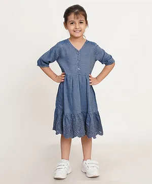 Creative Kids Half Sleeves Schiffli Embroidered Tiered Denim Dress - Navy Blue