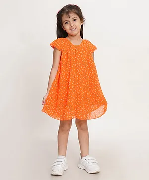 Creative Kids Half Sleeves Seamless Sprinklers Printed A Line Dress - Orange