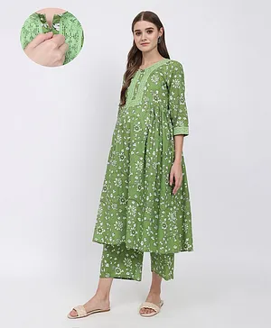 Aujjessa Three Fourth Sleeves  Floral Printed Maternity Kurta & Palazzo With Concealed Zipper Nursing Access - Green