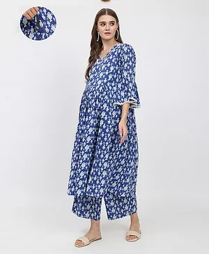 Aujjessa Three Fourth Bell Sleeves Fish Motif Printed & Lace Detailed Maternity Kurta & Palazzo With Concealed Zipper Nursing Access - Royal Blue
