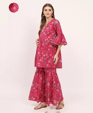Aujjessa Three Fourth Bell Sleeves Seamless Floral Printed & Lace Detailed Maternity Kurta & Palazzo With Concealed Zipper Nursing Access - Magenta Pink