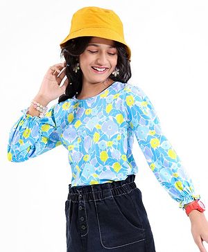 Pine Kids 100% Cotton Full Flawn Sleeves Floral Printed Top - Blue Green & Purple