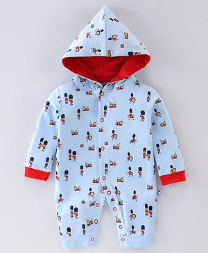 Mini Taurus Cotton Full Sleeves Hooded Romper Band Print - Sky Blue