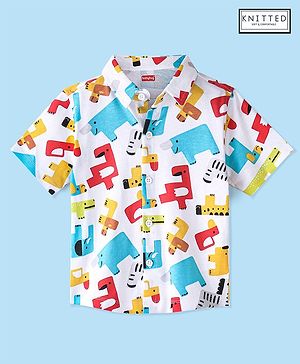 Babyhug Cotton Knitted Half Sleeves  Regular Collar Shirt Animals Printed  - White