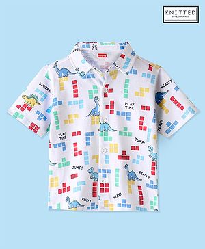 Babyhug Cotton Knitted Half Sleeves  Regular Collar Shirt Dino Printed  - White