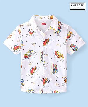 Babyhug 100% Cotton Knit Half Sleeve Shirt With Car Print - White