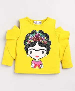 M'andy Cold Shoulder Full Sleeves Sequin Embellished Girl Sinker Top - Yellow