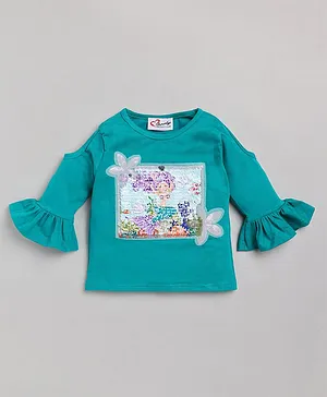 M'andy Full Frill Sleeves  Sequin Embellished Sinker Top - Green
