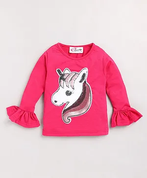 M'andy Full Frill Sleeves Unicorn Sequin Embellished   Sinker Top - Magenta Pink