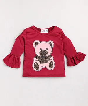M'andy Full Frill Sleeves  Teddy Stone Embellished  Sinker Top - Maroon