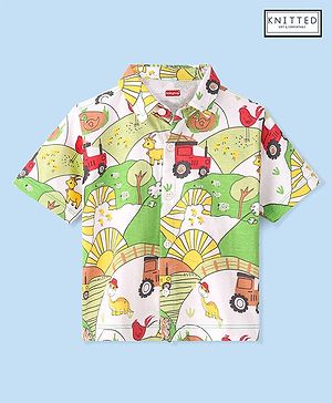 Babyhug Cotton Knitted Half Sleeves  Regular Collar Shirt Dino Printed  - White & Green