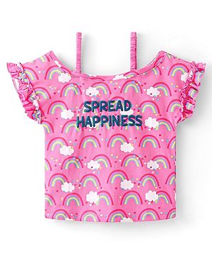 Babyhug Cotton Knit Cold Shoulder Sleeves Top with Frill Detailing  & Rainbow Print - Pink