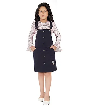Peppermint Girls Full Sleeves Heart  Top With Dungaree - Navy Blue