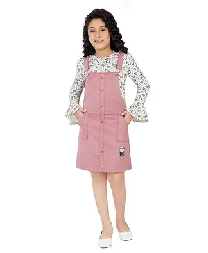 Peppermint Girls Full Sleeves Heart Top With Dungaree  - Pink