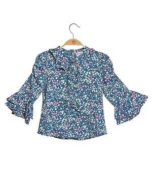 Peppermint Three Fourth Bell Sleeves Frill Detailed Seamless Floral Printed Top - Navy Blue