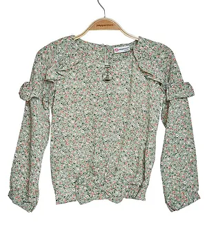 Peppermint Full Sleeves Frill Detailed Seamless Floral Printed Top - Olive Green