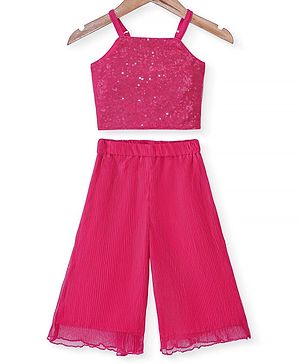 Babyhug Sleeveless Sequinned Top and Pleated Mesh Palazzo - Hot Pink