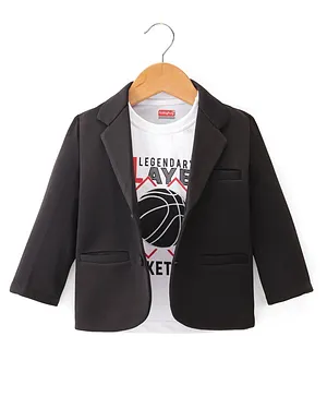 Babyhug Full Sleeves Solid Colour Party Wear Blazer with Graphic Printed T-Shirt - Black