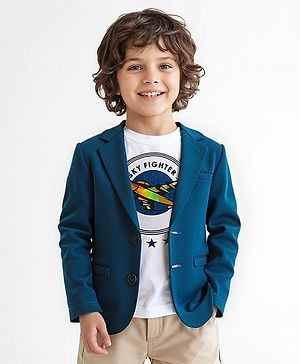 Babyhug Woven Full Sleeves Party Blazer With T-Shirt Aircraft Graphics - Blue & White