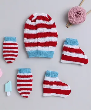 Little Angels Striped Designed Cap With Coordinating Mittens & Socks - Fuchsia Pink
