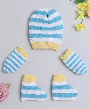 Little Angels Striped Designed Colour Block Detailed Cap With Coordinating Mittens & Socks - Yellow Blue White