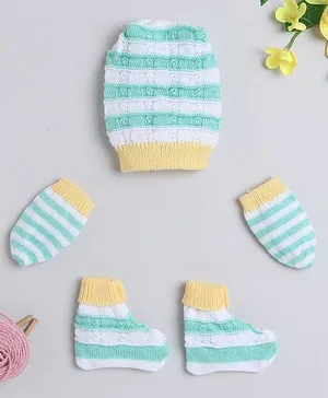 Little Angels Striped Designed Colour Block Detailed Cap With Coordinating Mittens & Socks - Yellow Green White