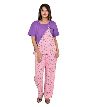 9teenAGAIN Half Sleeves Watermelon Print Nursing Night Suit - Baby Pink & Violet
