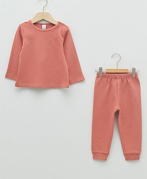 LC Waikiki Full Sleeves Diagonal Striped Self Design Crew Neck Top & Joggers Set - Dark Coral
