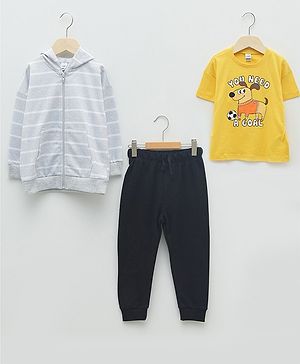 LC Waikiki Full Sleeves Striped Jacket With Printed Tee & Pant Set - Grey & Yellow