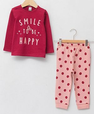 LC Waikiki Full Sleeves Text & Polka Dots Printed Crew Neck Cotton Tee & Pajama Set - Bordeaux Pink