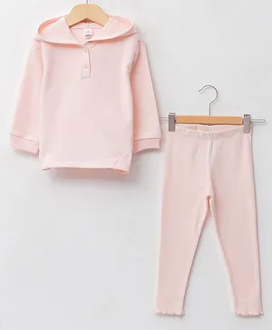 LC Waikiki Full Sleeves Solid Hooded Sweatshirt With Trouser - Baby Pink