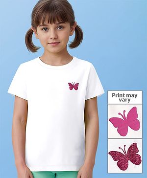 Pine Kids 100% Cotton Half Sleeves Round Neck T-Shirt Butterfly Print - Snow White