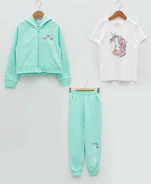LC Waikiki Full Sleeves Placement Butterfly & Unicorn Printed Jacket And Tee With Pant - Turquoise Green