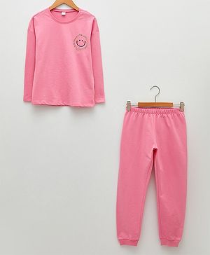 LC Waikiki Cotton Full Sleeves Placement Text & Smiley Printed Tee With Joggers Set - Pink