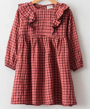 LC Waikiki Full Sleeves Ruffle Detailed Graph Checked Fit & Flare Cotton Viscose Dress - Brown