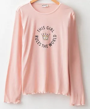 LC Waikiki Full Sleeves This Girl Rules The World Printed Ribbed Crew Neck Tee - Pink
