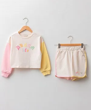 LC Waikiki Full Sleeves Placement Text Printed Colour Block Detailed Cotton Tee & Shorts Set - Cream