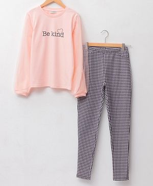 LC Waikiki Full Sleeves Placement Text Printed Tee & Pin Checked Cotton Leggings - Pink
