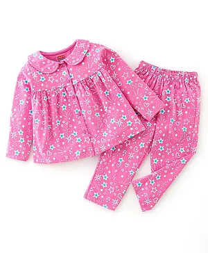 Babyhug 100% Cotton Knit Full Sleeves Night Suit With Star Print - Pink
