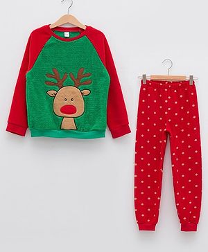 LC Waikiki Christmas Theme Full Sleeves Reindeer Embroidered Tee With Polka Dots Printed Joggers Set - Red