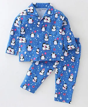 Little Darlings Interlock Full Sleeves Night Suit With Penguin Print - Navy Blue