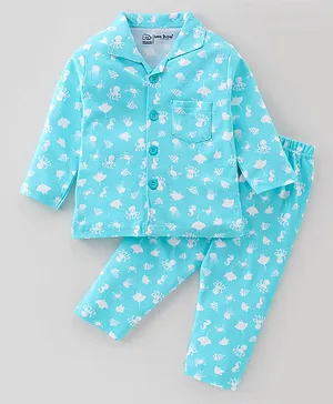 Little Darlings Interlock Full Sleeves Night Suit With Sea Life Print - Sea Green