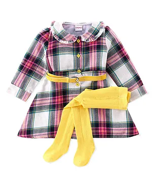 Babyhug Cotton Full Sleeves Checks Frock with Belt & Leggings - Multicolor