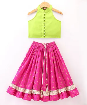 Twisha Sleeveless Incut Style Solid Top & Flamingos Foil Printed Ghagra - Lime Green & Pink
