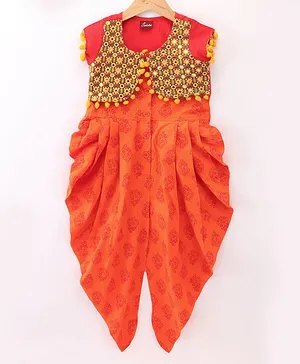 Twisha Short Sleeves Mirror Work Detailed Embellished & Embroidered Jacket With Seamless Butta Motif Printed Dhoti Style Jumpsuit - Orange & Red