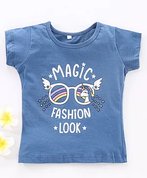 Enfance Core Half Sleeves Placement Magic Fashion Look Unicorn Printed Tee - Blue