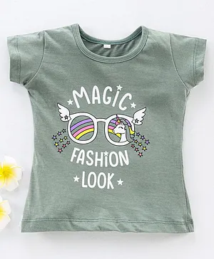 Enfance Core Half Sleeves Placement Magic Fashion Look Unicorn Printed Tee - Green