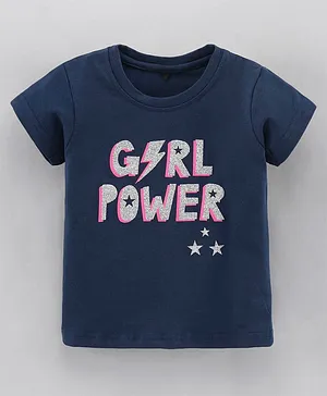 Enfance Core Half Sleeves Girl Power Glitter Text Printed Crop Tee - Navy Blue
