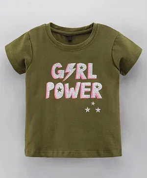 Enfance Core Half Sleeves Girl Power Glitter Text Printed Crop Tee - Olive Green